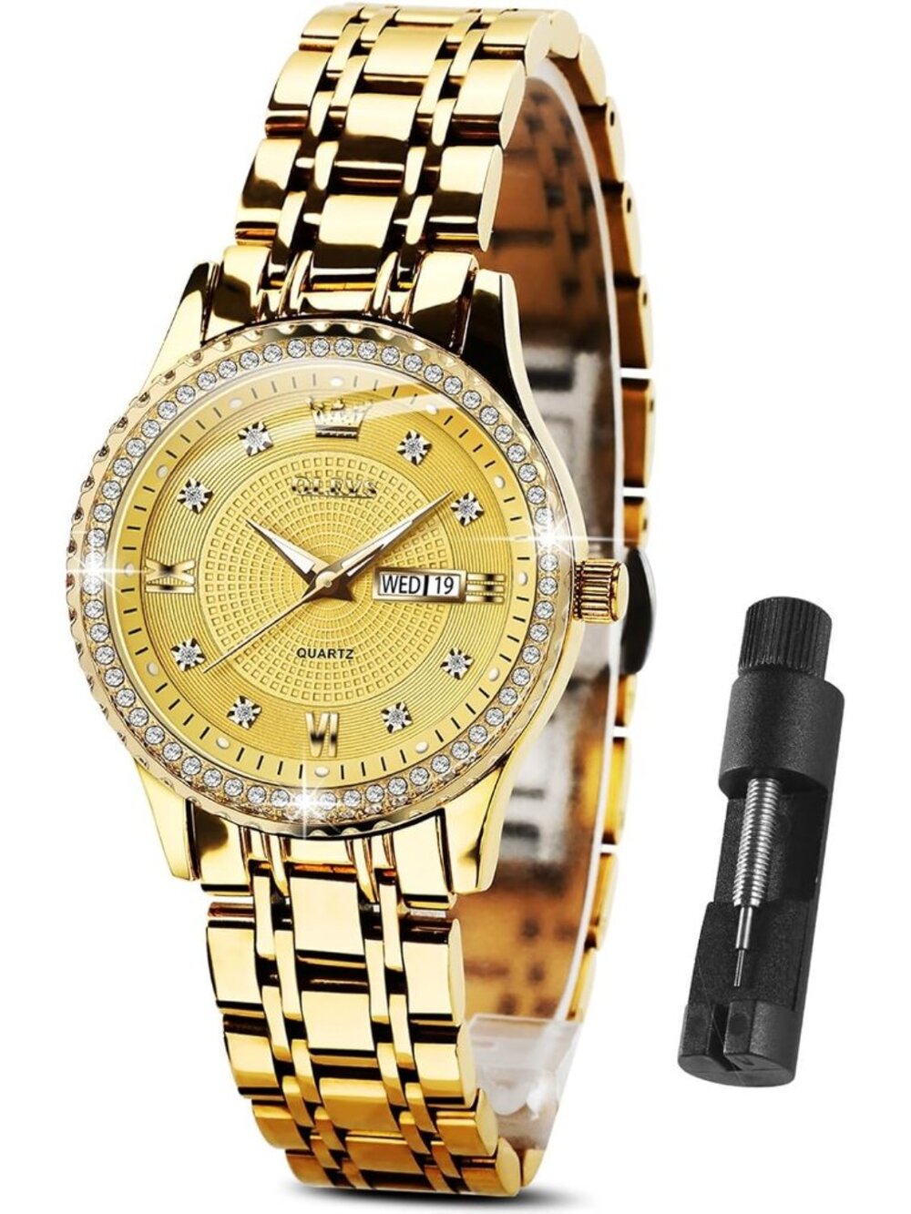 Women's All Gold Stainless Steel Luxury Ladies Waterproof Writs Diamond Watch